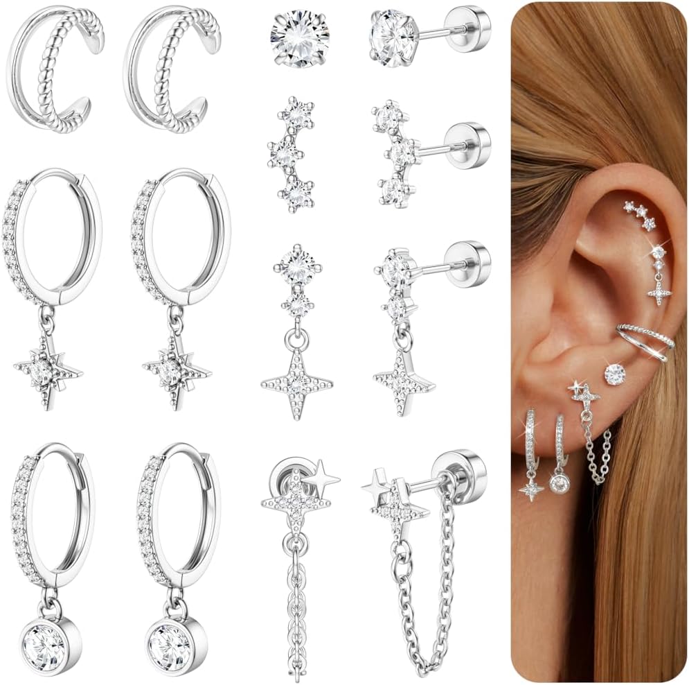 Dochais Flat Back Cartilage Earrings for Women Trendy Dainty CZ Flatback Studs Earing Sets 14k Gold Plated Hypoallergenic Huggie Hoops Earring Stacks for Multiple Piercing