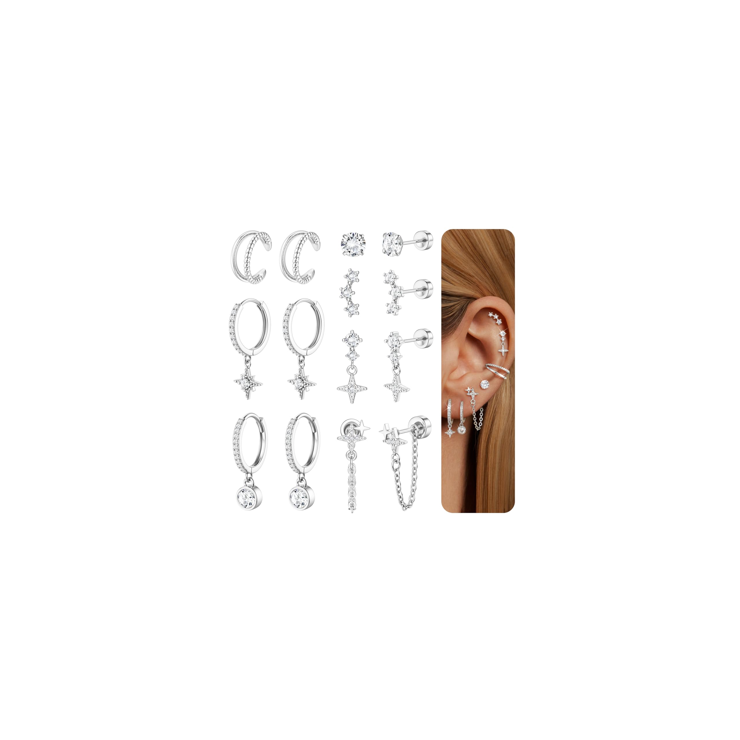 Flat Back Cartilage Earrings for Women Trendy Elegant CZ Flat Back Stud Earrings Set 14K Gold Plated Hypoallergenic Huggie Hoop Earring Stack for Multiple Piercings-image-41