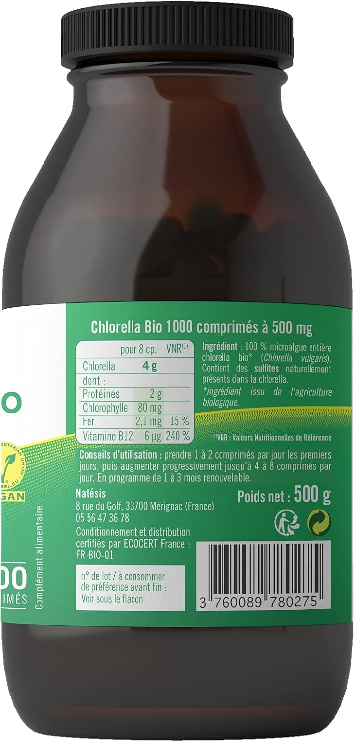 Natésis – Chlorella Bio – DÉTOX DIGESTION IMMUNITÉ – SANS ADDITIFS – SUPERFOOD : protéines végétales, chlorophylle, B12 & fer – HAUTE QUALITÉ – 1000 comprimés