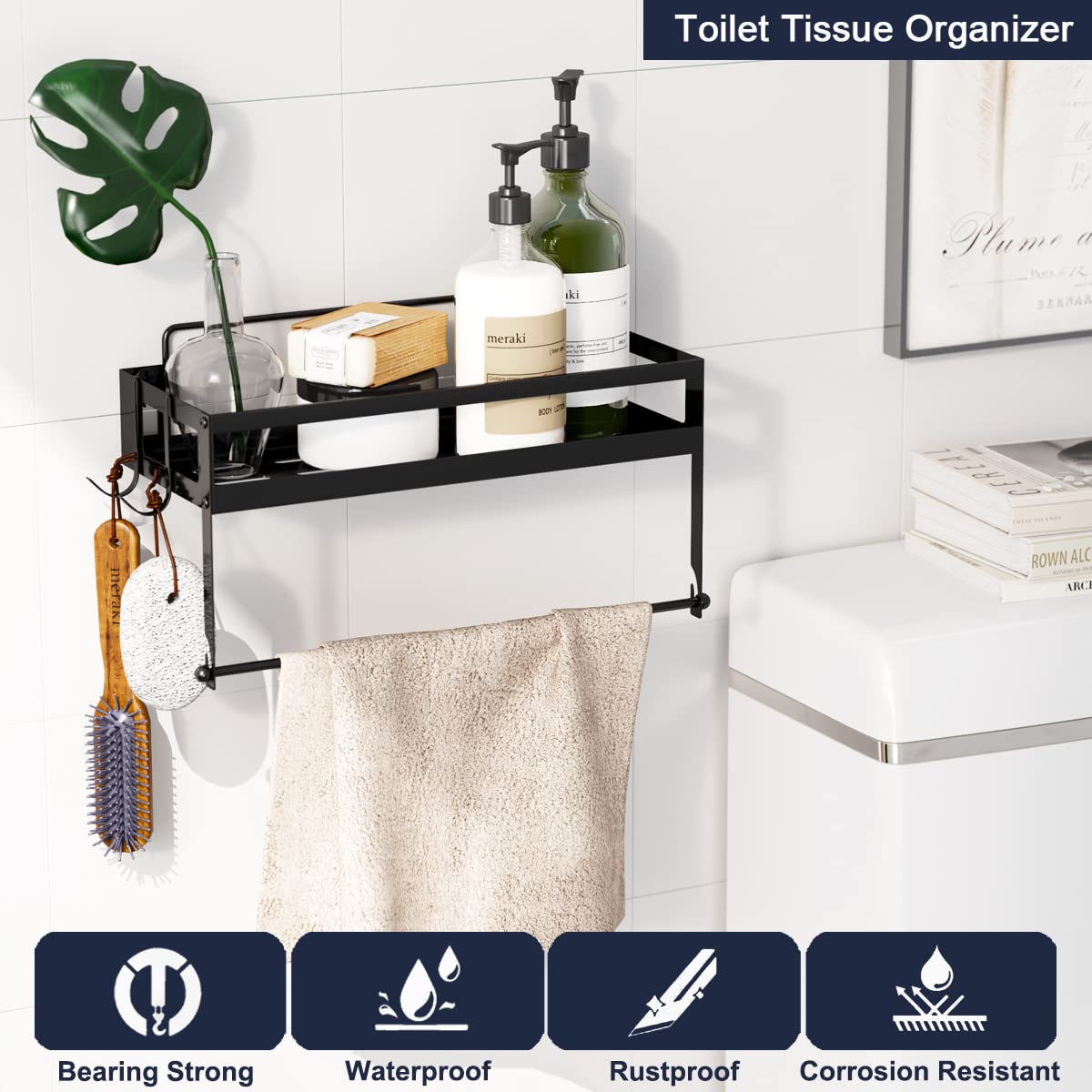 Soporte para toallas de papel con almacenamiento de estantes, 2 en 1 montado en la pared para cocina, balcón y baño, instalación autoadhesiva o perforadora, acabado negro mate SUS304 3