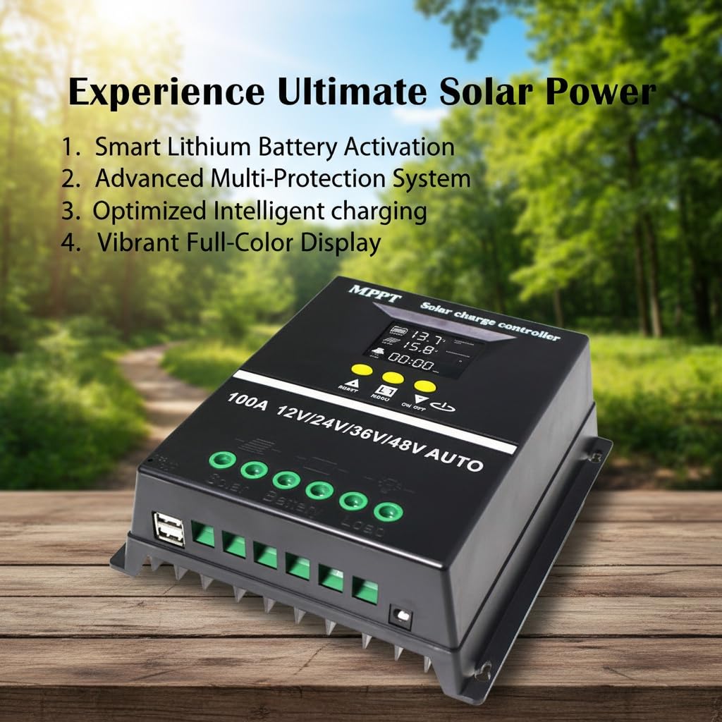 100 A MPPT-Chargeregler, 100 A Solar-Battery-Controller, 12/24/36/48 VBlei-Säure- und Lithium-Batterien, Affichage LCD, Protection contre la charge, Design étanche à l'eau
