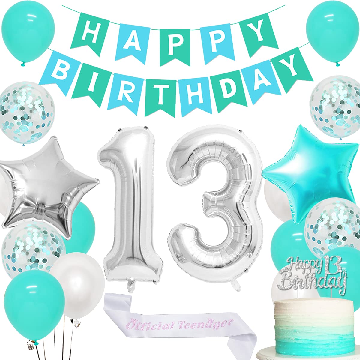 13th Birthday Decorations for Girls Teal Turning 13 Birthday Supplies with Mint Green Happy Birthday Banner Garland Sash Happy 13th Birthday Cake Topper