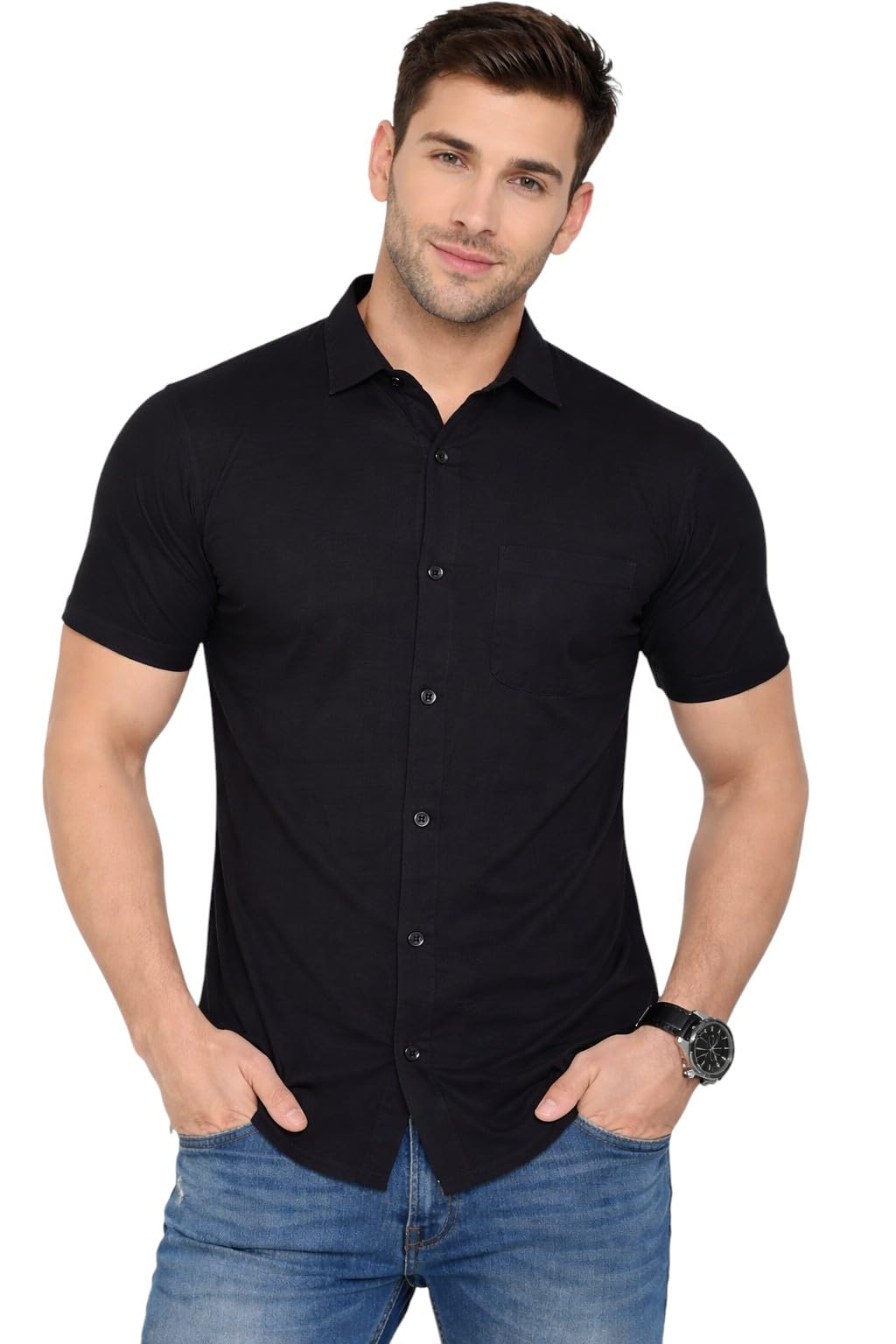 Men's Casual Shirt – Half Sleeve Button-Down with Spread Collar & Single Chest Pocket – Slim Fit Cotton Blend-image-17
