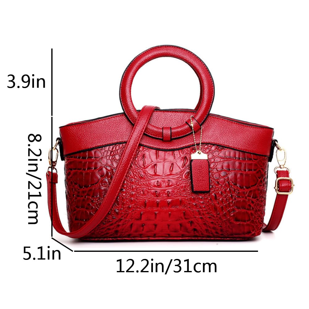 Bolso y bolso de mano de piel sintética con patrón de cocodrilo circular con asa superior para mujer, Red, Talla única