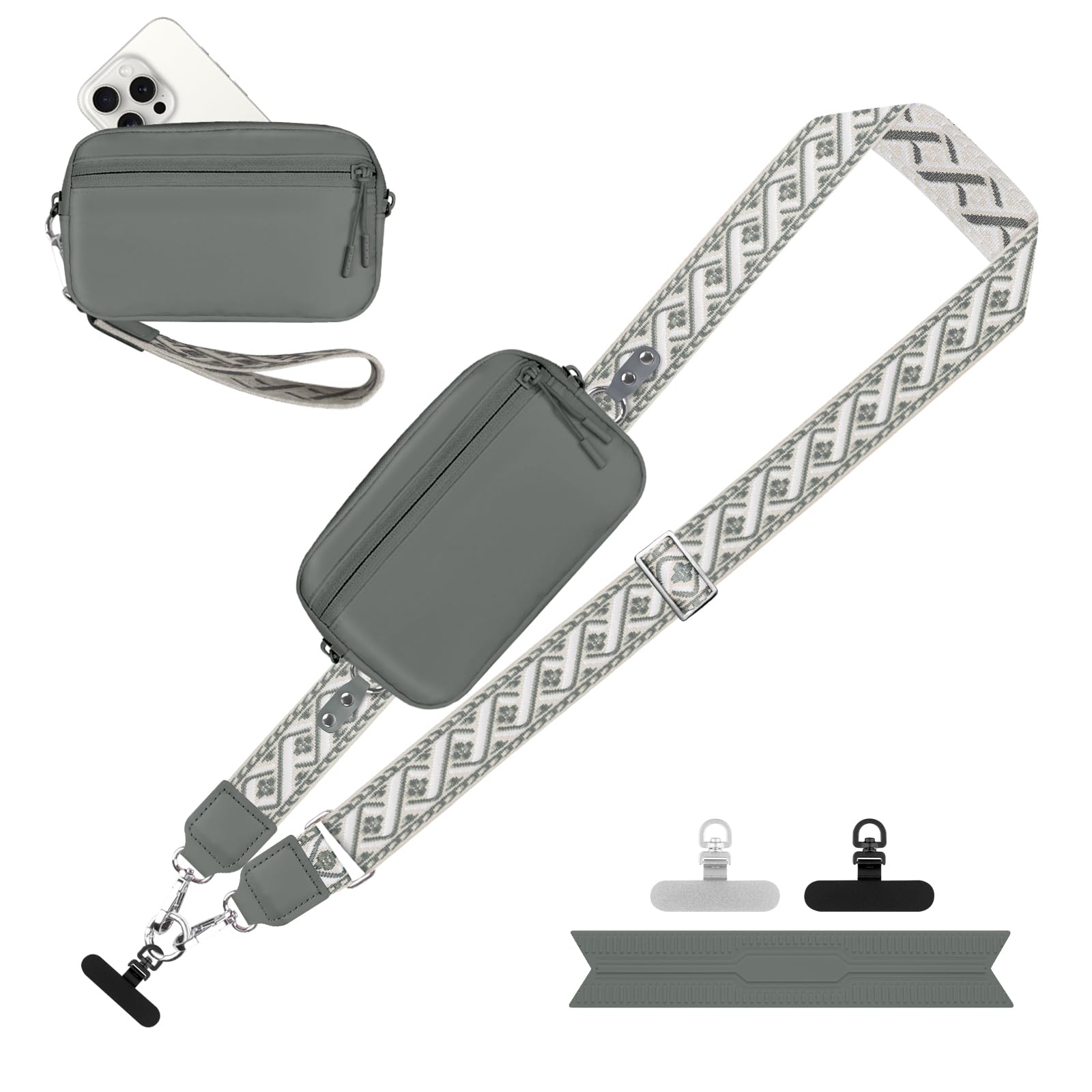 YFWE Clip and Go Strap for Phone with Wallet Crossbody, Adjustable Phone Lanyard with Detachable RFID Wristlet Wallet, Pattern Strap - Grey(L)