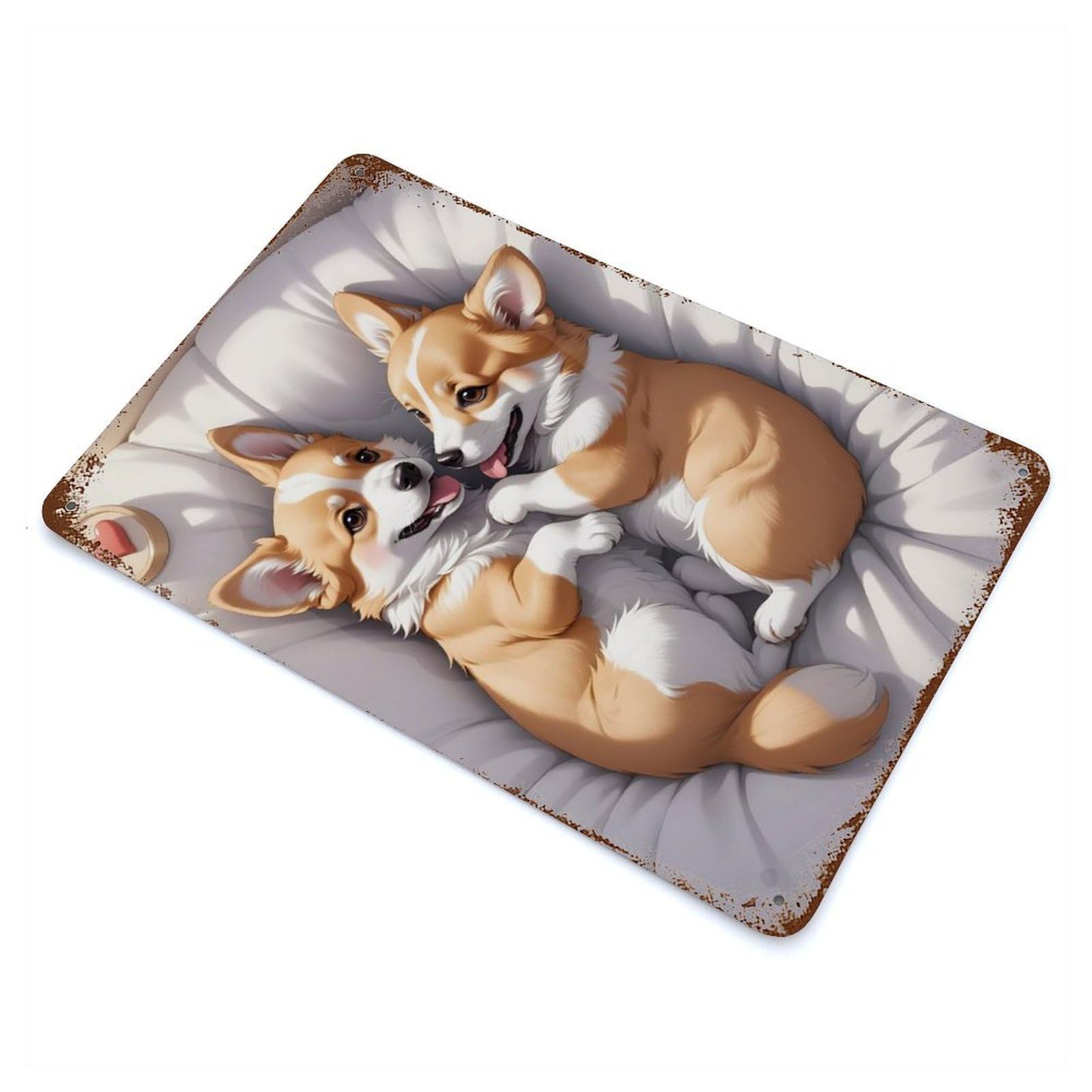 Vintage Rust Metal Sign with Corgi Puppies Design 11.8"x7.9", for Garage, Bar And Workshop Decor, Retro Wall Decor