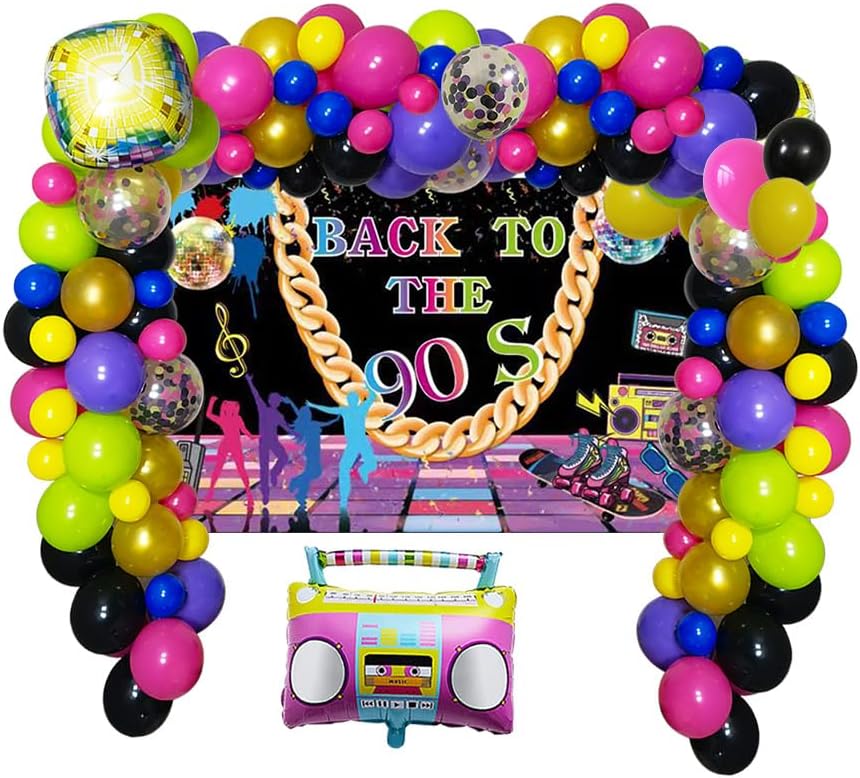 Decoraciones de fiesta de los años 90, suministros de fiesta de cumpleaños con temática de nostalgia de los años 90, incluye telón de fondo, caja de