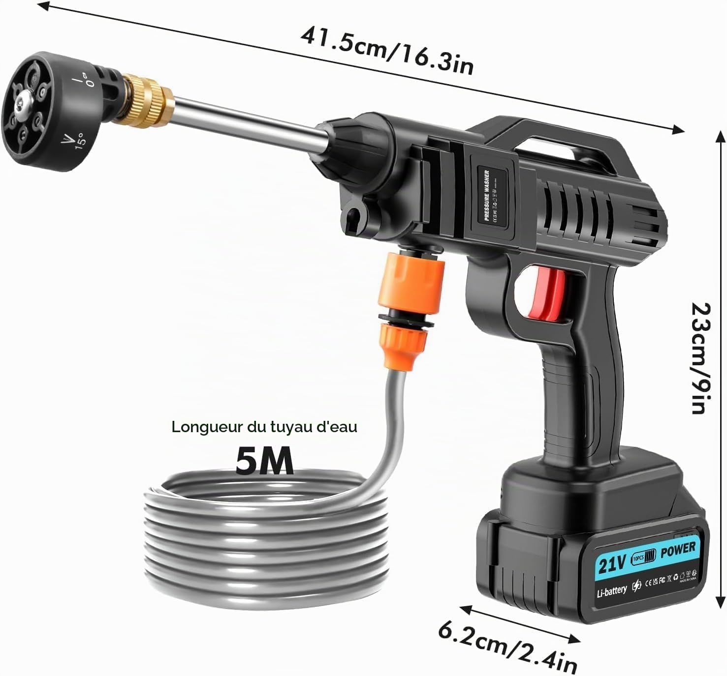 Nettoyeur Haute Pression sans Fil 100 Bar 270 l/h | Pistolet Portable avec 2 Batteries de 3000 mAh | Pistolet de Lavage 6 en 1 buse réglable 5m pour Sol de Voiture