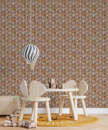 Image of DWELLSINDIA Glossy Effect Geometric Wood Self Adhesive Peel and Stick PVC Wallpaper Waterproof, Scratch Resistant, Laminated (41x244 cm, Beige Wood, Matt)
