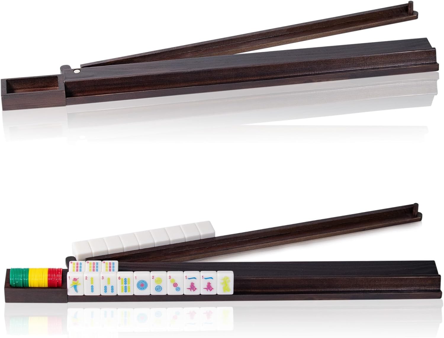 4PCS Wooden Mahjong Racks with Pushers,21 Inches All-in-One Mahjong Pushers and Racks for Mahjong, Dominoes,Mexican Train ,Includes Magnetic Chip Box (Reddish Brown)