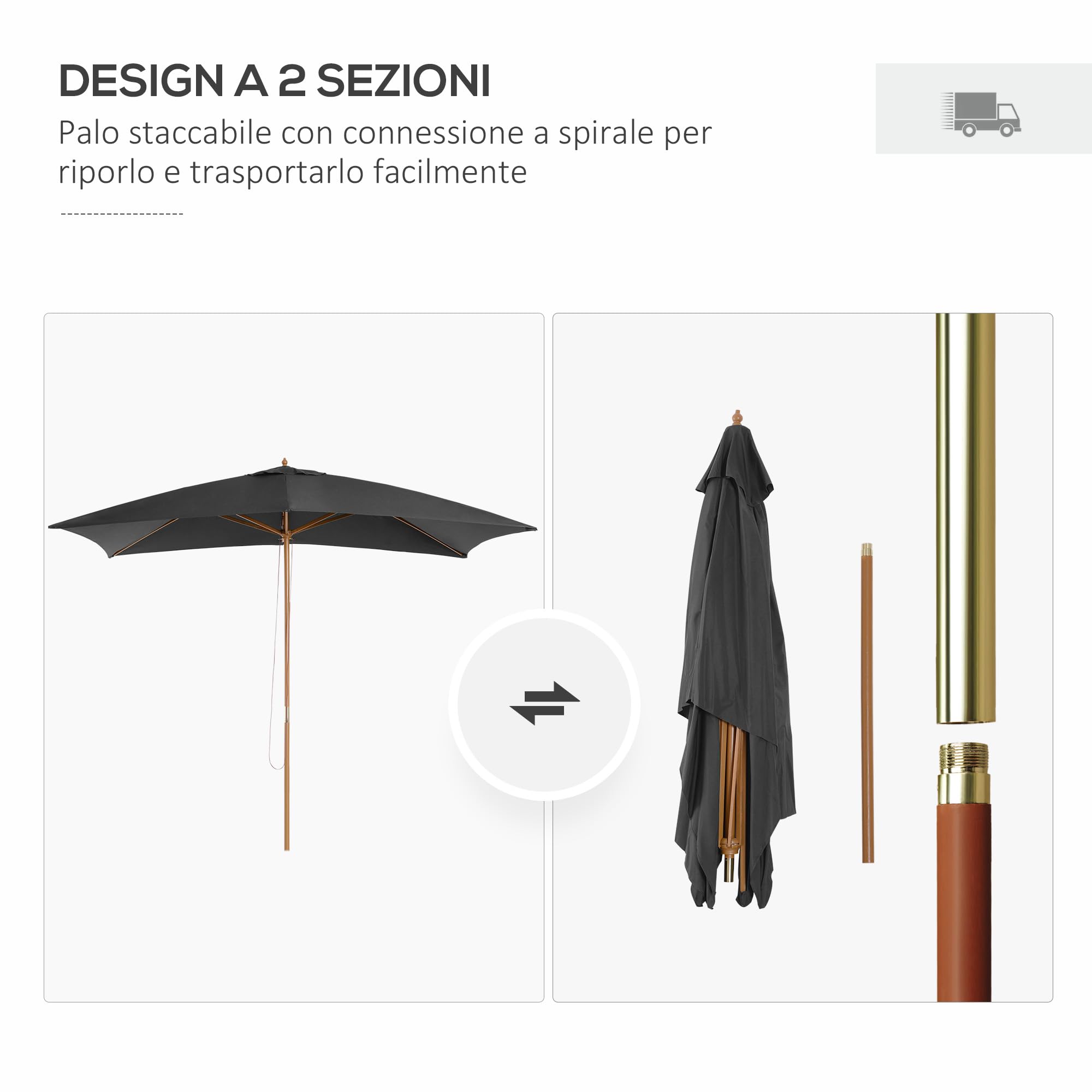 Outsunny Ombrellone da Giardino 2x3 m con Corda e Prese d'Aria, Ombrellone da Esterno con 6 Stecche in Legno, Bambù e Poliestere 180g/㎡, per Cortile, Terrazza e Balcone