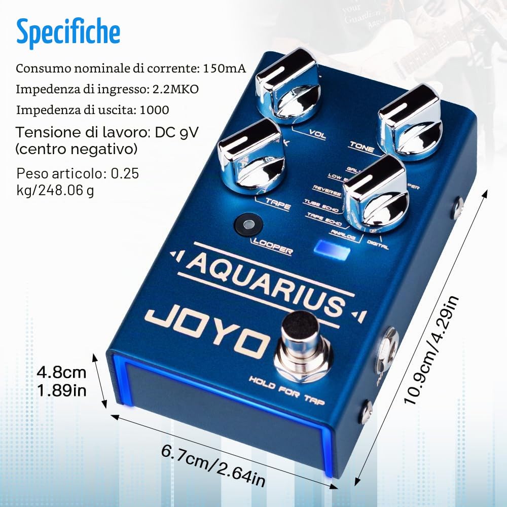 JOYO Pedale multi-mode Delay & Looper per chitarra, 8 effetti incl. Galaxy/Tape Echo con Tap Tempo e 5 min Loop, Bypass (Aquarius R-07)