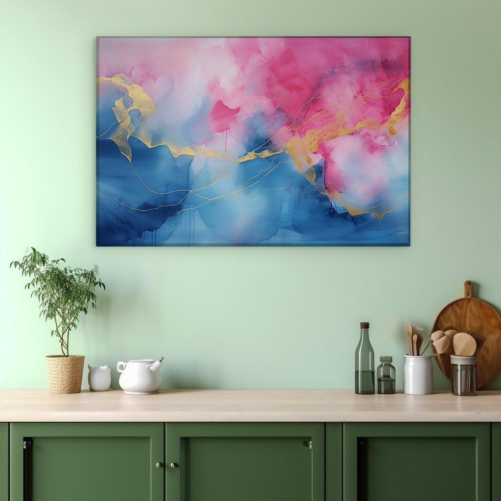 Canvas for Living room. Vibrant Interplay of Blue and Pink with Luxurious Gold Accents Unleashes Energy and Creativity, 27 x 18 inch Canvas Wall Art - Ready to Hang