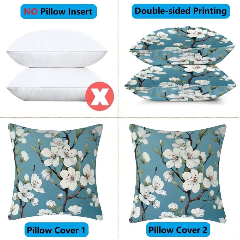 Federe Cuscini Divano 60x60 cm Federe Morbido Copricuscini Blu in Velluto, 2 Pezzi Copri Cuscini per Divano Primavera Decorativi Federa Cuscino Fiori Bianchi per Camera da Letto Soggiorno (IU49)