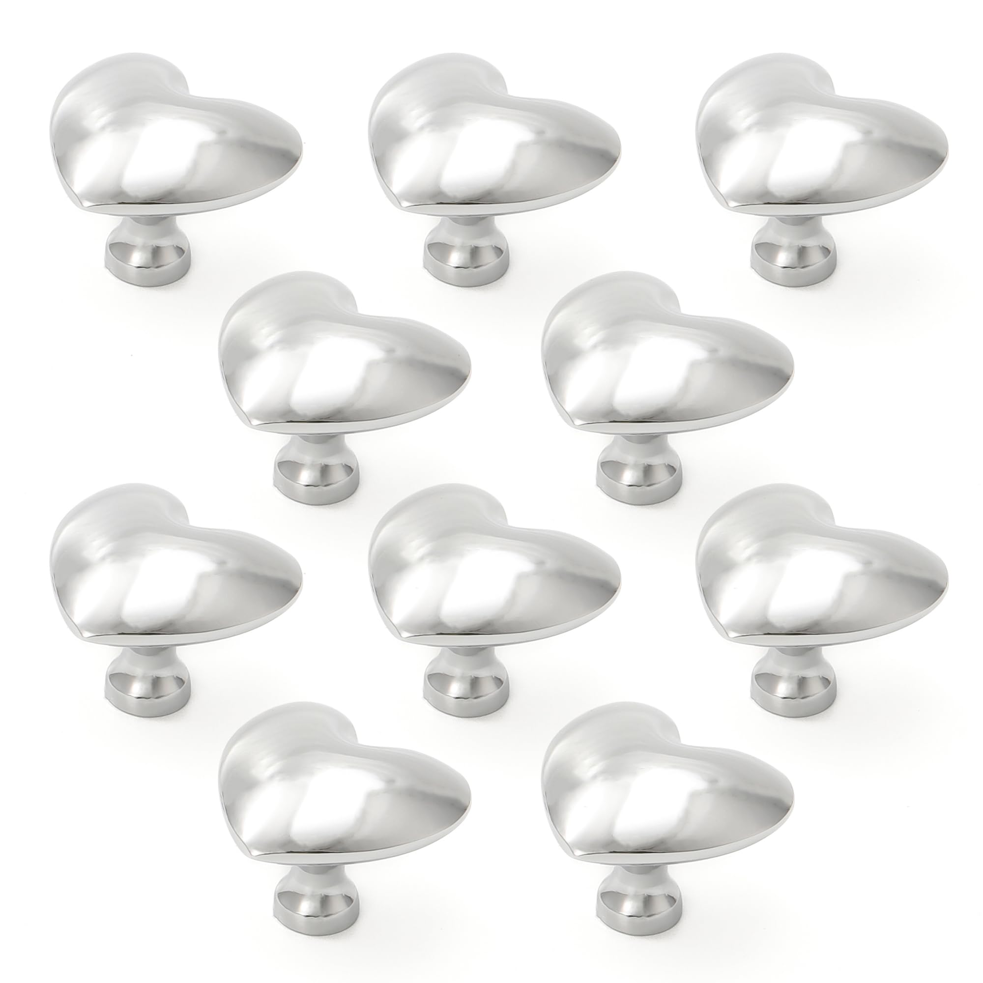 10 Pack Single Hole Shiny Silver Heart Knob Zinc Alloy Kitchen Pulls Cabinets Furniture Pull for Dresser Wardrobe Cupboard Drawer Knobs Pulls Handles