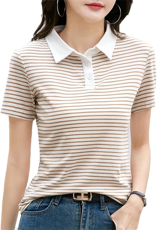 Short Sleeve Polo Shirt Women Cotton Stretch Summer Tops