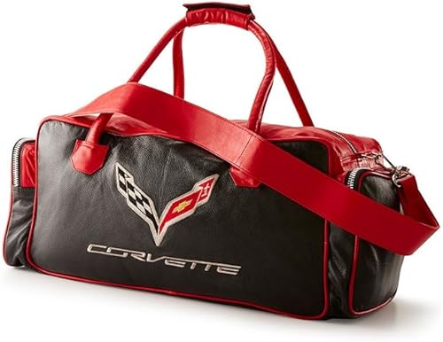 Corvette C7 - Bolsa de lona de cuero con logotipo de banderas cruzadas C7 2014, 2015, 2016, 2017, 2018, Negro y rojo