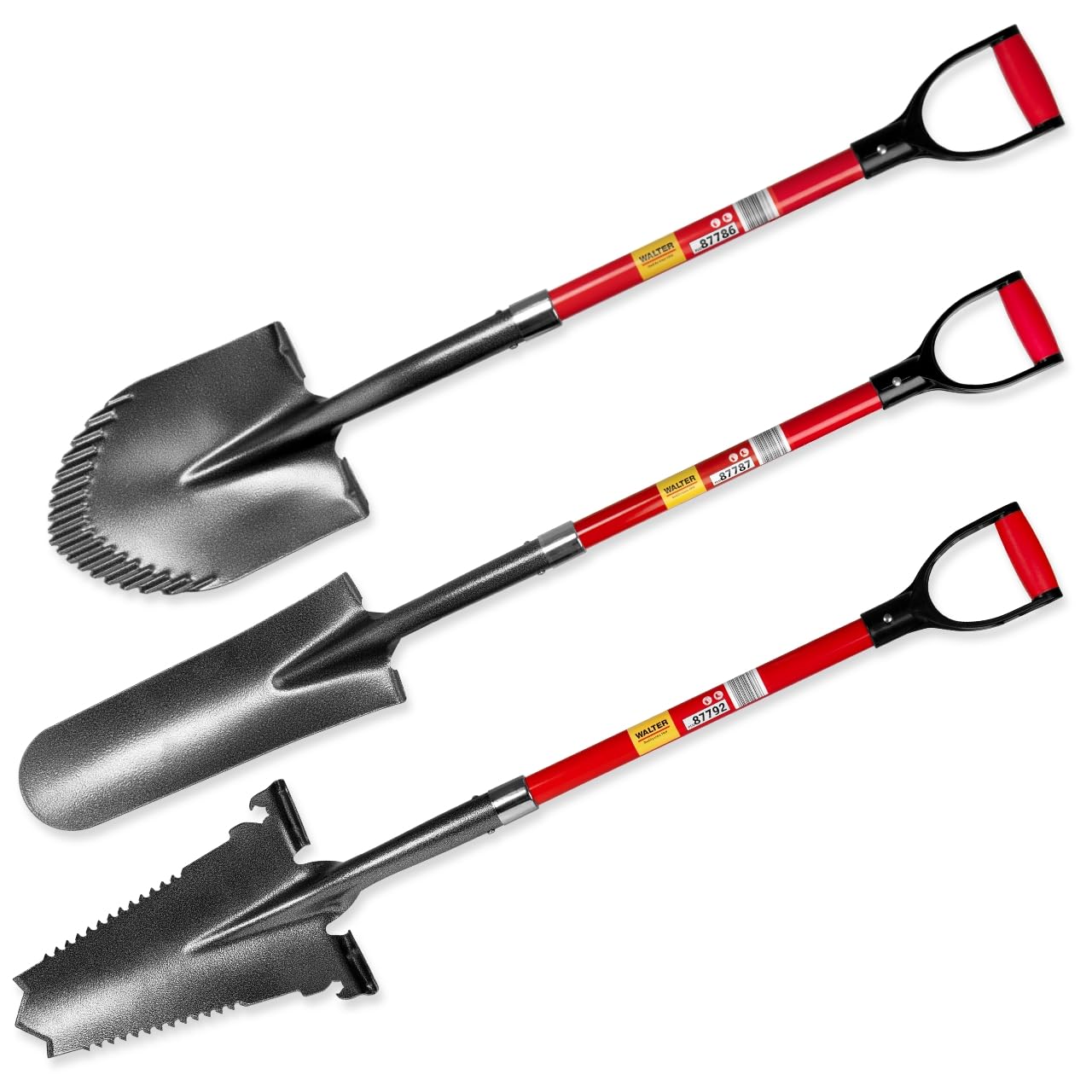 WALTER Spezialspaten-Set 3-TLG. - Kombispaten, Drainagespaten und Wurzelspaten - Robuster Glasfaserstiel, Antirutschgriff, langlebiger Kohlenstoffstahl