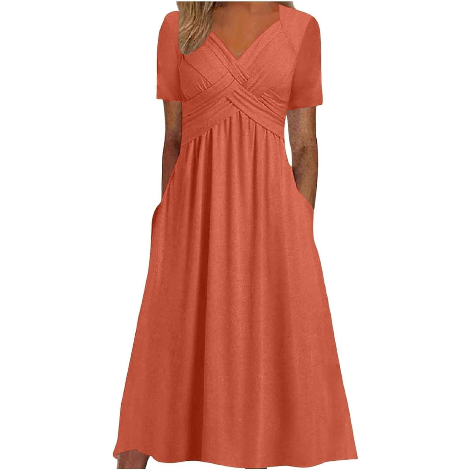 Crisscross Twist Front V Neck Casual Short Sleeve Maxi Dress,Casual Plus Size V-Neck Maxi Dresses,Womens Beach Dresses for Wedding Guest with Pocket (Orange,XL)