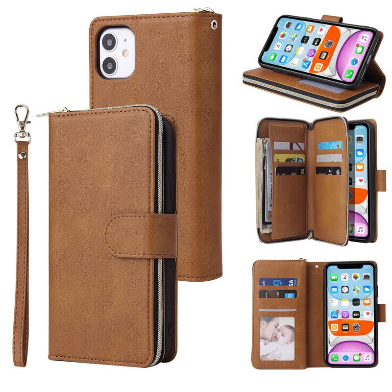 Étui portefeuille en cuir iPhone 14 marron housse magnétique clapet antichoc