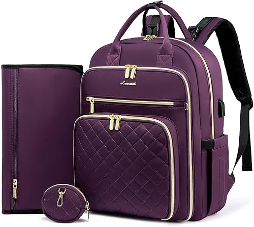 LOVEVOOK Mochila para pañales bolsa de bebé acolchada para mamá y papá mochila de viaje de gran capacidad con cambiador Púrpura