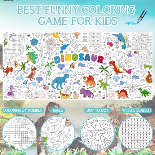 Image of Dinosaur Giant Coloring Poster For Kids 30x72 Inch, Large Coloring Poster Tablecloth Books, Themed Color-In Activities Games For Kids School Classroom Home Party Supplies Decorations