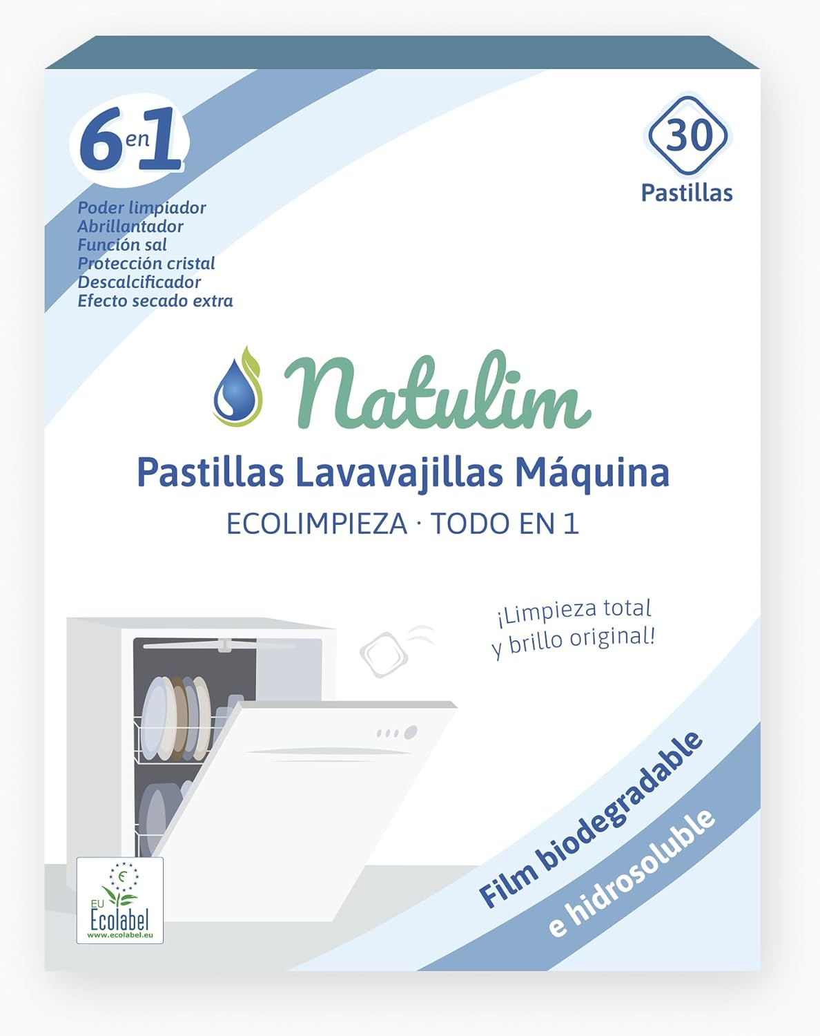 Natulim Pastillas de Lavavajillas 30 Usos - Biodegradables e Hidrosolubles 6 en 1 - Limpieza Profunda, Abrillantador, Función Sal, Protección Cristal, Descalcificador, Efecto Secado Extra