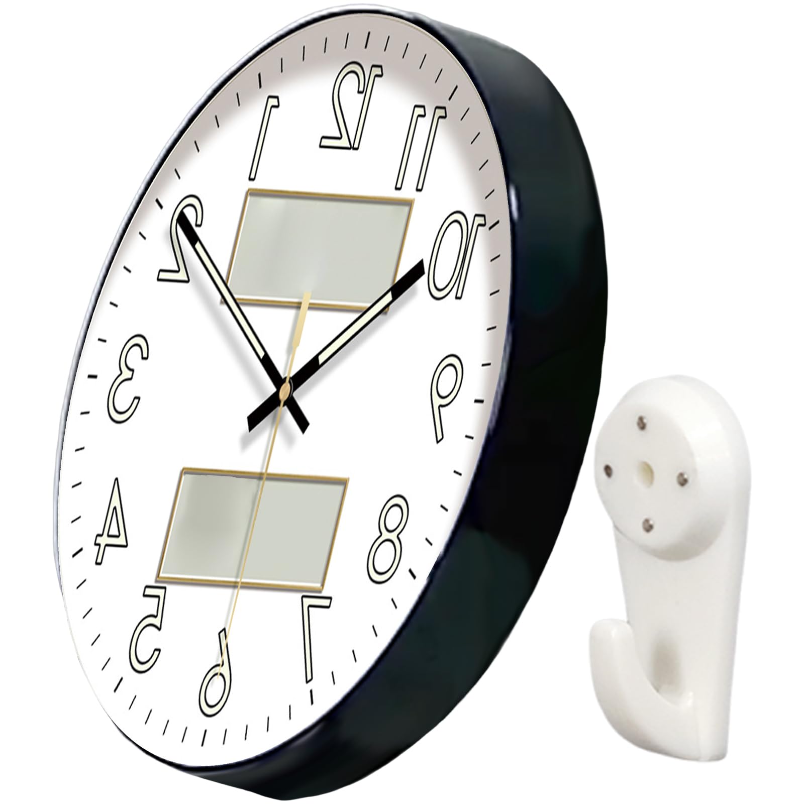 NEWFT Round Wall Clock Glowing Number Quiet Operating with Temperature Humidity Week Display for Home Automatic Glow Dark Round Wall Clock