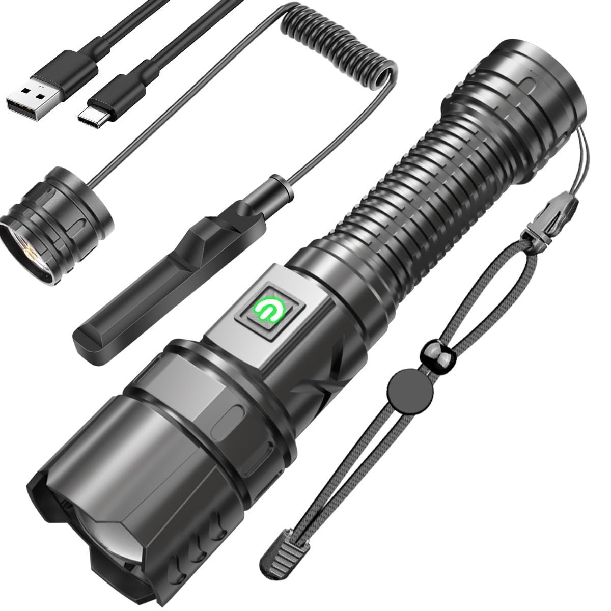 NAKCNM Linterna LED recargable, linterna LED extremadamente luminosa, 10.000 lúmenes, alimentada por batería, 5 modos de fuego, ajustable, impermeable, para camping, excursiones y emergencias