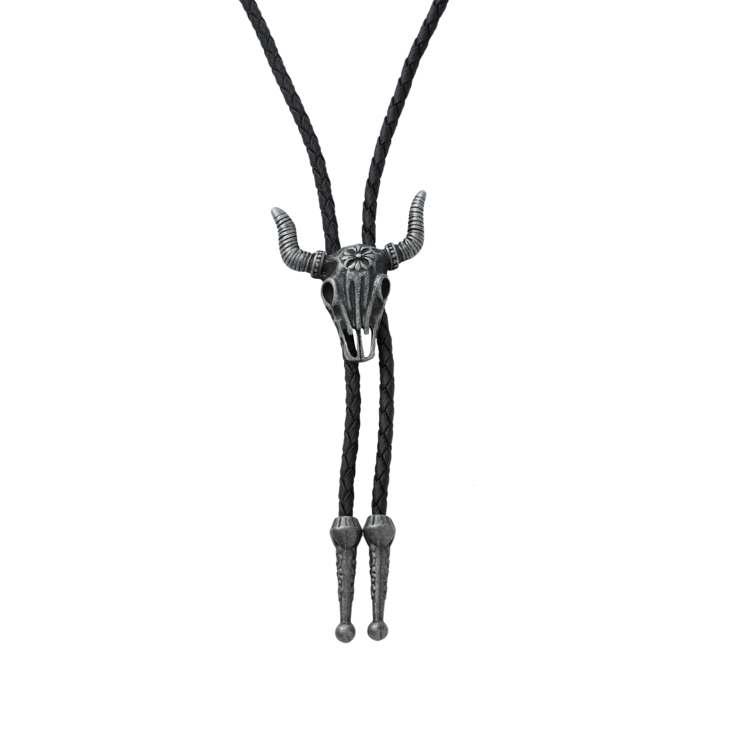 Komonee Men's Silver Bolo Tie Bull Skull Necklace Pendant Bootlace Shoestring Necktie Cowboy Western Vintage Metal Cow