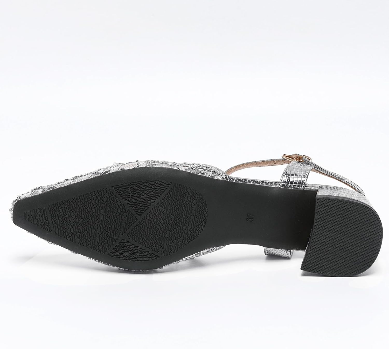 Women's Silver Mesh Flats Sandals Silver Pumps Chunky Heel Glitter Pointed Toe Buckle - Image 8