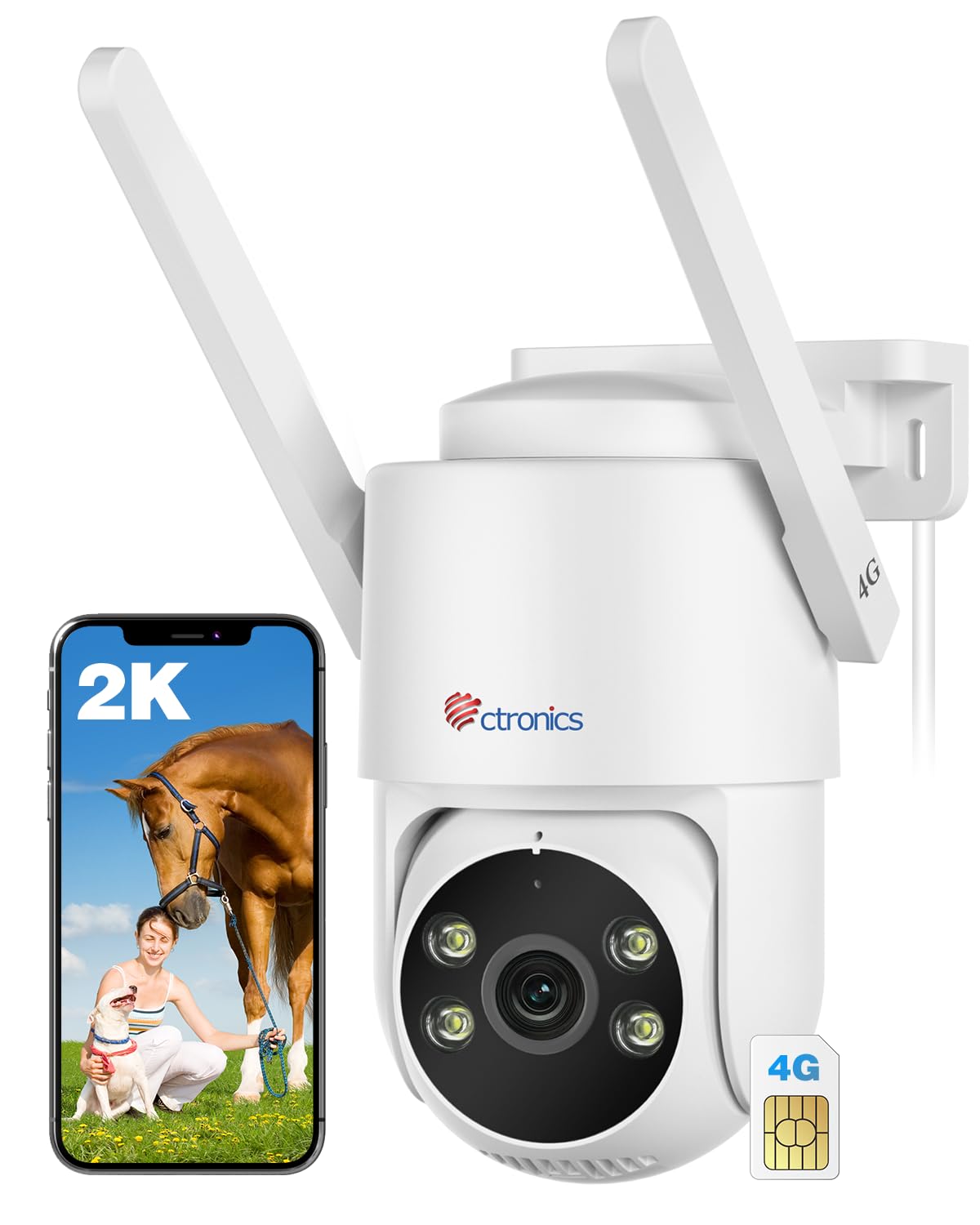 Ctronics 2K 3G/4G LTE Cámara Vigilancia con Tarjeta SIM, PTZ IP Camara Vigilancia Domicilio, Detección Humana, Seguimiento Auto, 30M Visión Nocturna Color, FTP/Cloud/128G TF, IP66, No WiFi