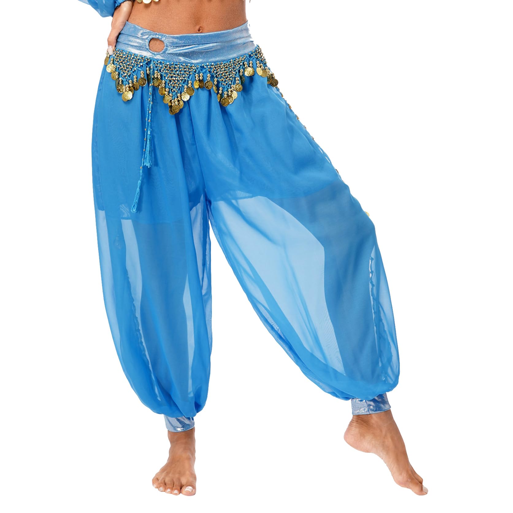 Women's Belly Dance Harem Pants Shiny Sequin Tassel Trouser Arabic Performance Loose Pants