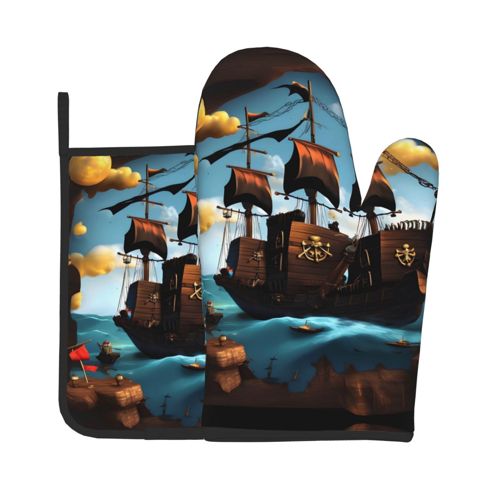 Oven Mitts and Potholders Set of 2 for Kitchen Baking Cooking GrayCartoon Pirate Ship Thick and Durable
