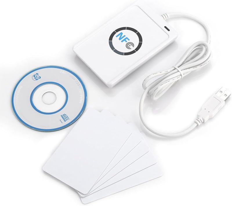 Cititor și scriitor de carduri NFC Akozon ACR122U ISO 14443A-B, dispozitiv contactless cu software pentru carduri IC, alb, pentru calculator