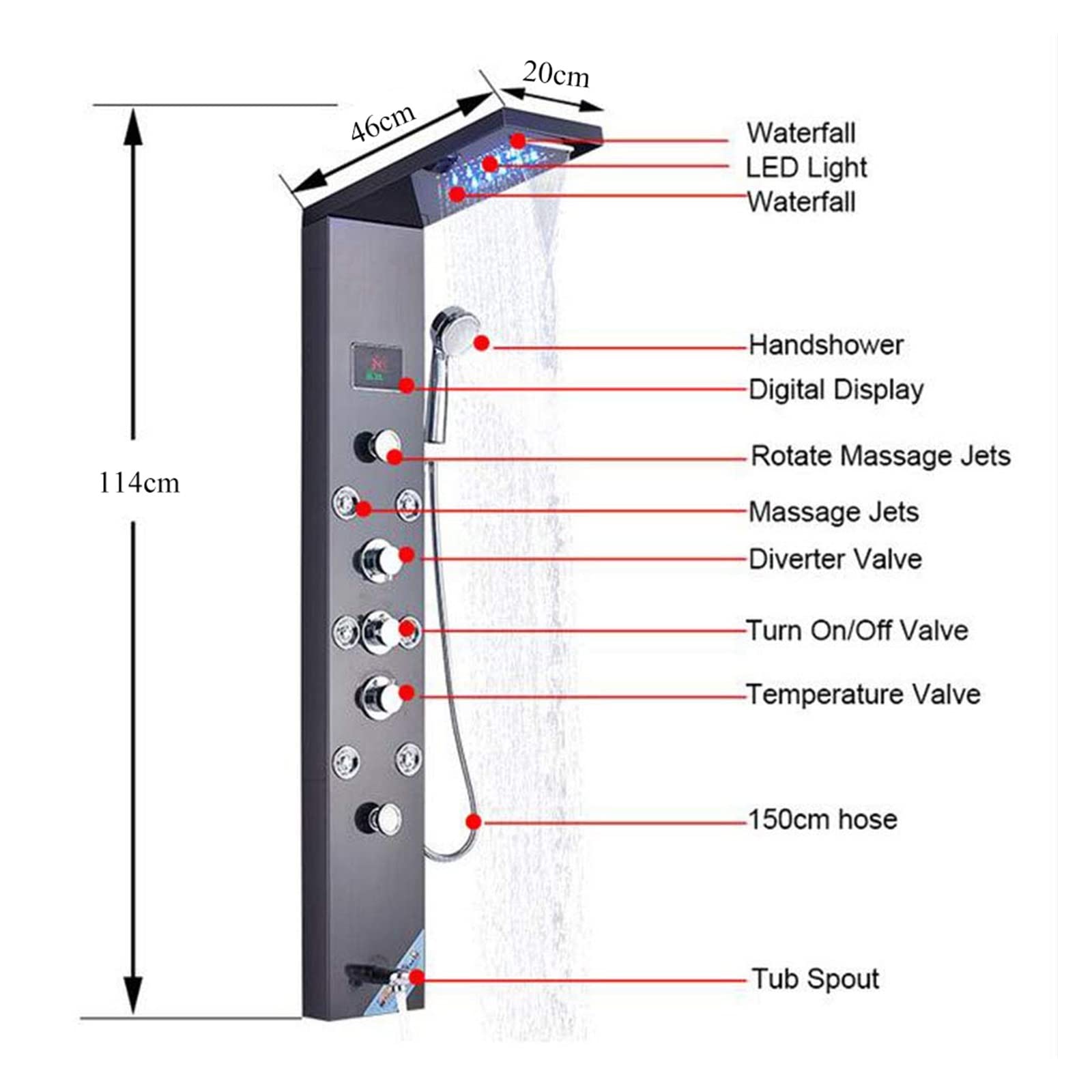 Pannello Doccia a LED Rubinetto for Vasca da Bagno Temperatura Display Digitale Rubinetto for Vasca di Massaggio del Corpo Getti Rubinetto for Colonna Doccia a Torre(8013 Black)