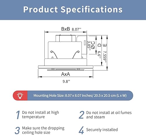 Miniatura 2 de Zeyzer Ventilador de escape de baño con luz LED, cuadrado, silencioso, moderno, ventilador de ventilación para duchabañooficina, 110 CFM 1.0 Sones 4