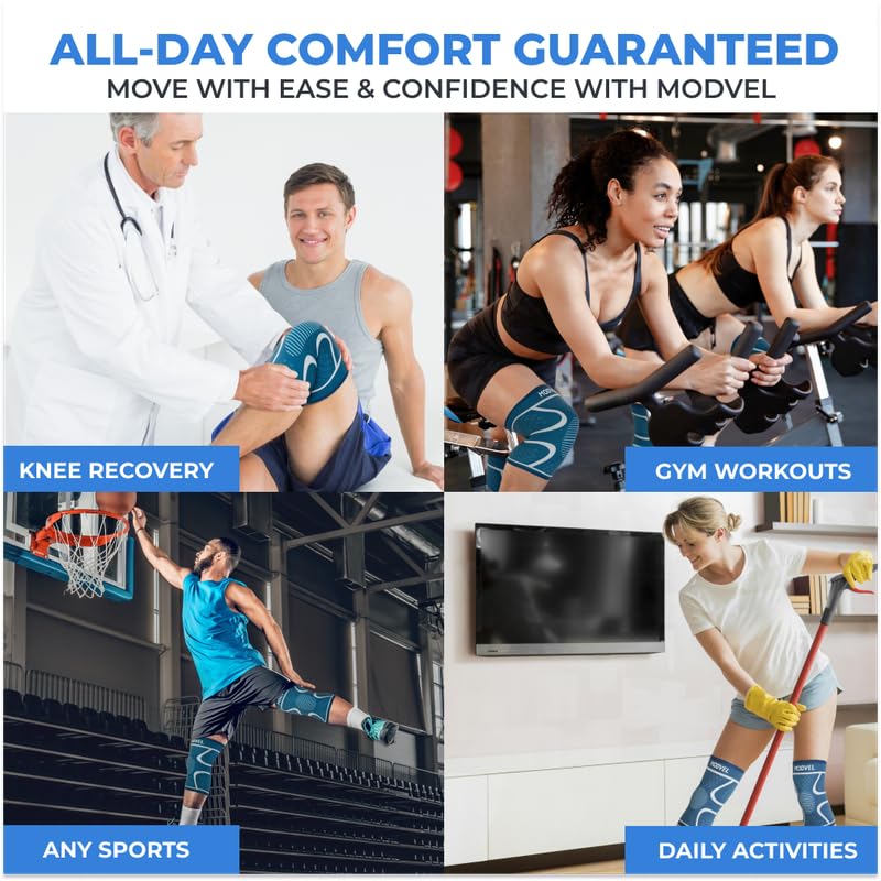 Modvel 2 Pack Knee Brace for Women & Men - Workout Knees Compression Sleeve for Knee Pain Relief Joint Support for ACL, Arthritis, Meniscus Tear Knees Brace for Sports, Rodilleras para Gym Fitness