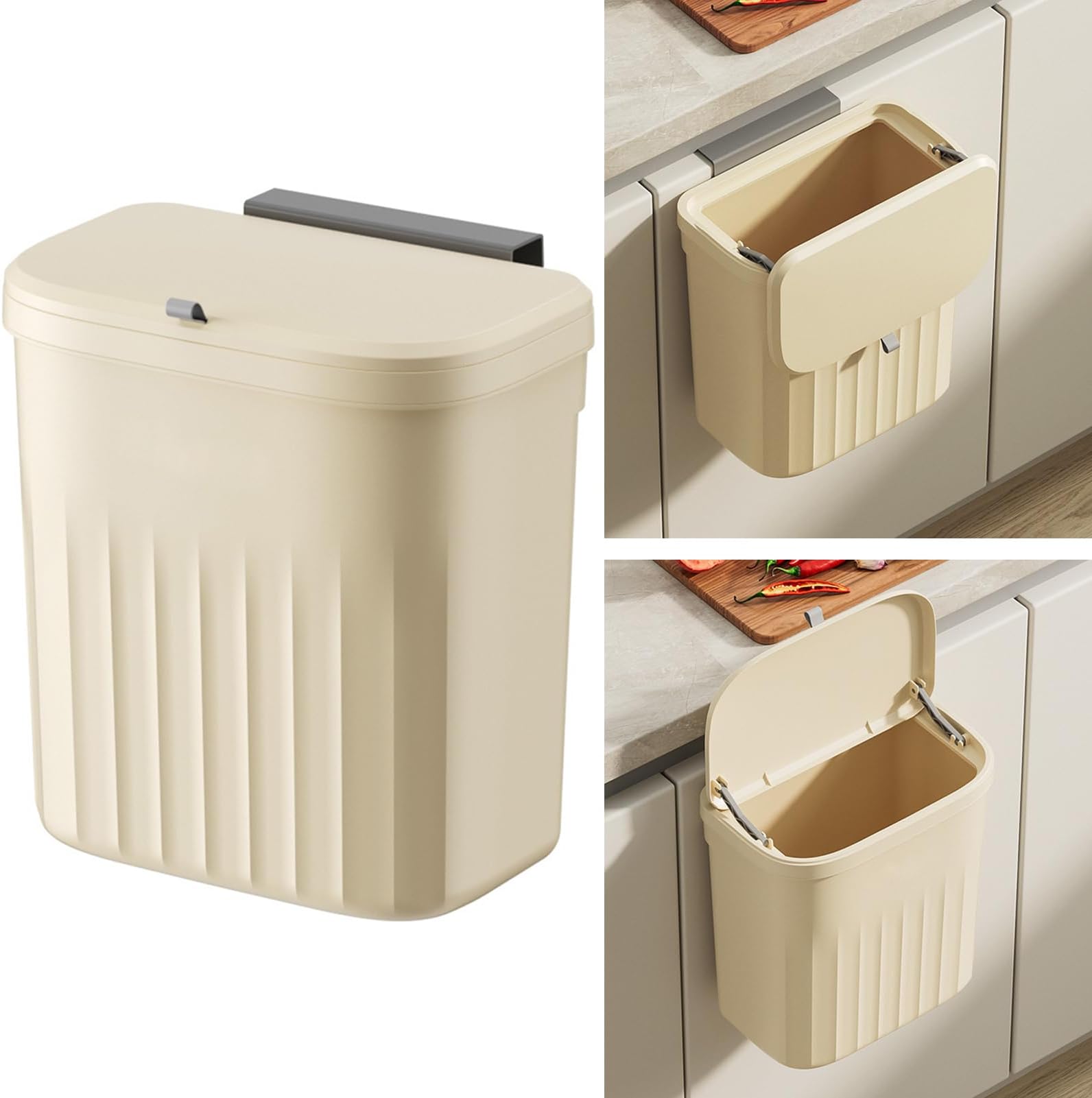 Qiccijoo Kitchen Hanging Trash Can with Lid,3.2 Gallon Waste Bin,Small Plastic Compost Bin for Counter Top or Under Sink Wall-Mounted Garbage Can for Bedroom,Bathroom,Cabinet,Car and Office(Yellow)