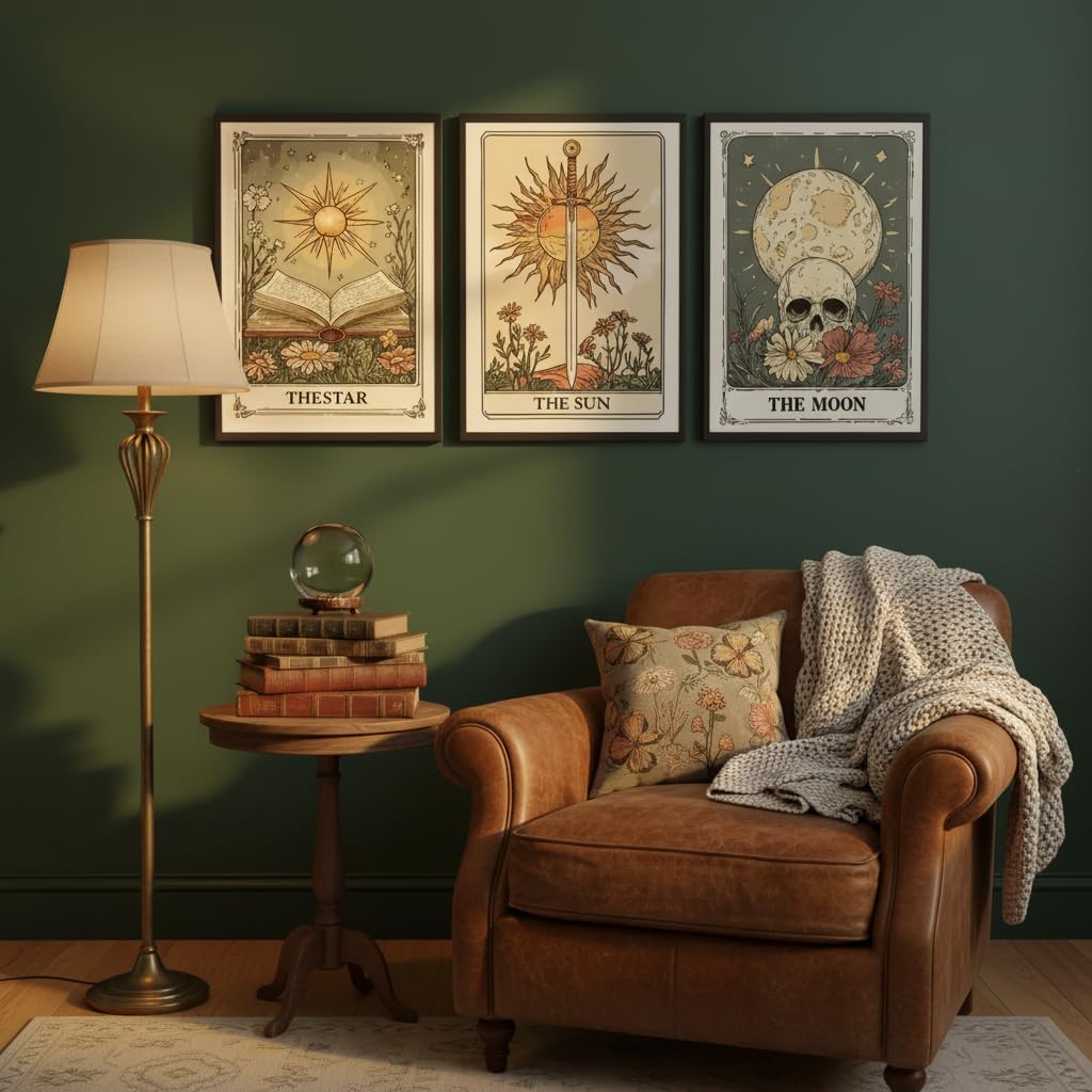 MJVCFWNS 3Pcs Tarot Card Wall Art Boho Celestial Bodies Sun Moon Star Painting Picture Wall Decor Vintage Skull Book Flowers Sword Poster Printing Artwork for Living Room Bedroom Office Home Decor