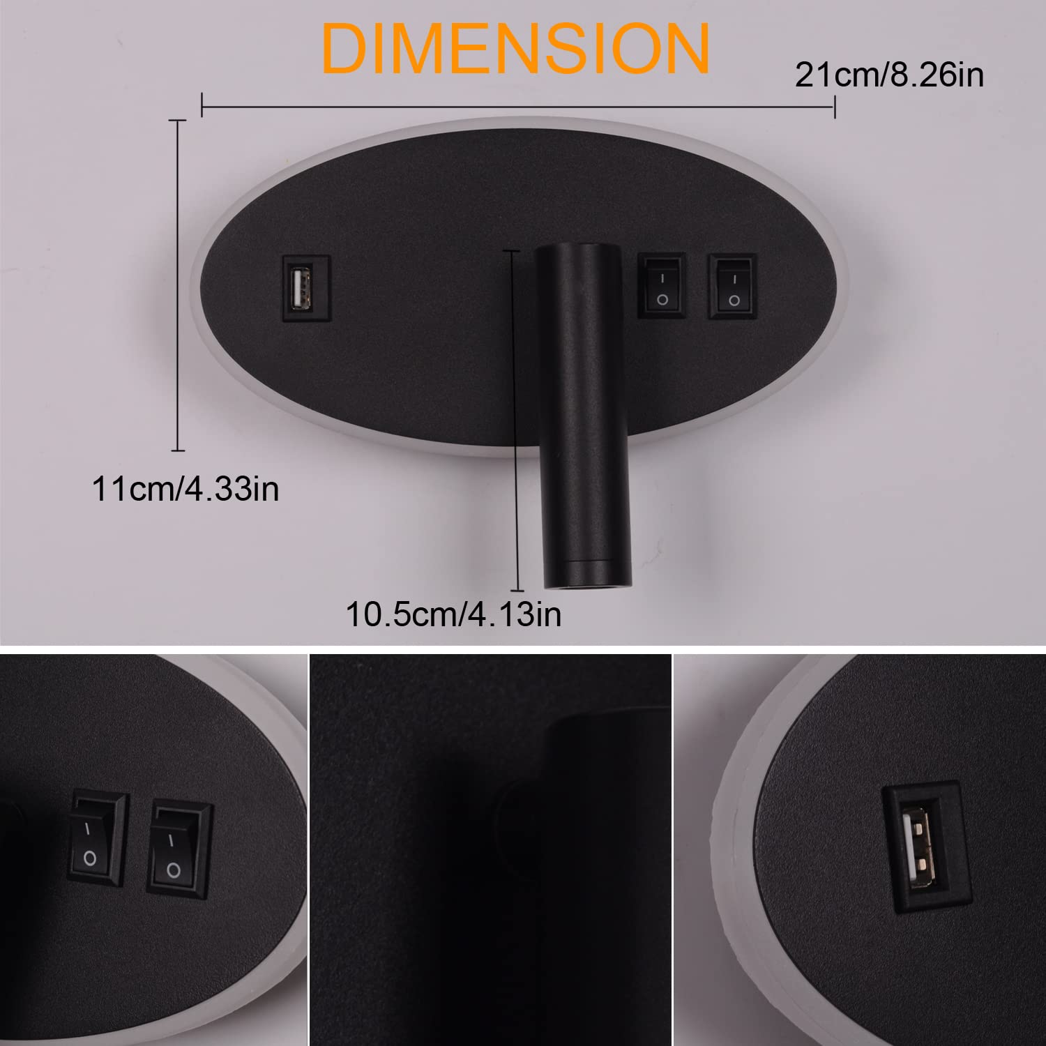 Applique da comodino orientabile Porta di Ricarica USB Lampada da Parete camera da letto Faretto da camera da letto luce per la lettura LED (3W + 9W 3000k)