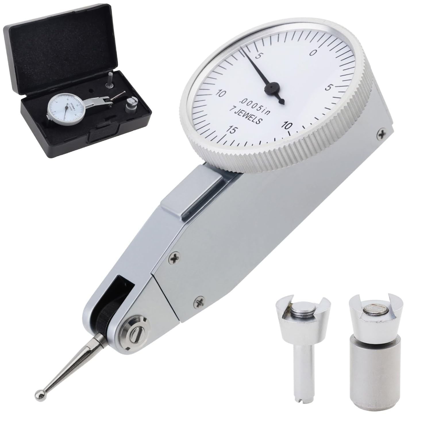 Dial Test Indicator with Storage Case, 0-0.03"/0.0005" Test Indicator with 2 Steel Dovetail Clamps 3/8'' and 5/32'' for Machine Set-Up, Narrow Area Measurement, for Machinist Engineer Inspection Tool