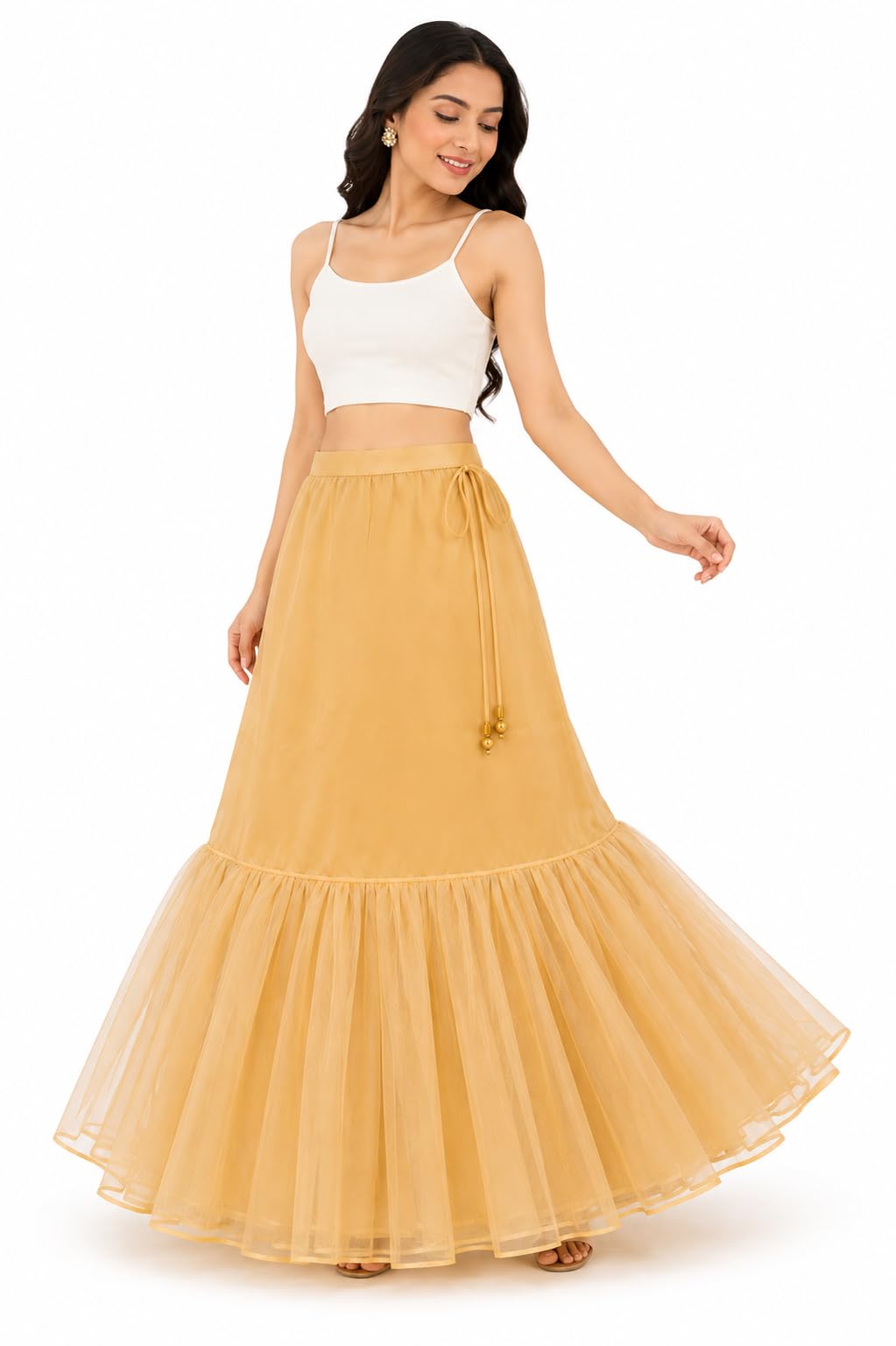 SEER Women's Flared Hard Net Lehenga Can Can Skirt Beige | Adjustable Drawstring, Bridal wear Underskirt, Tiered Ruffle Hem-image-33