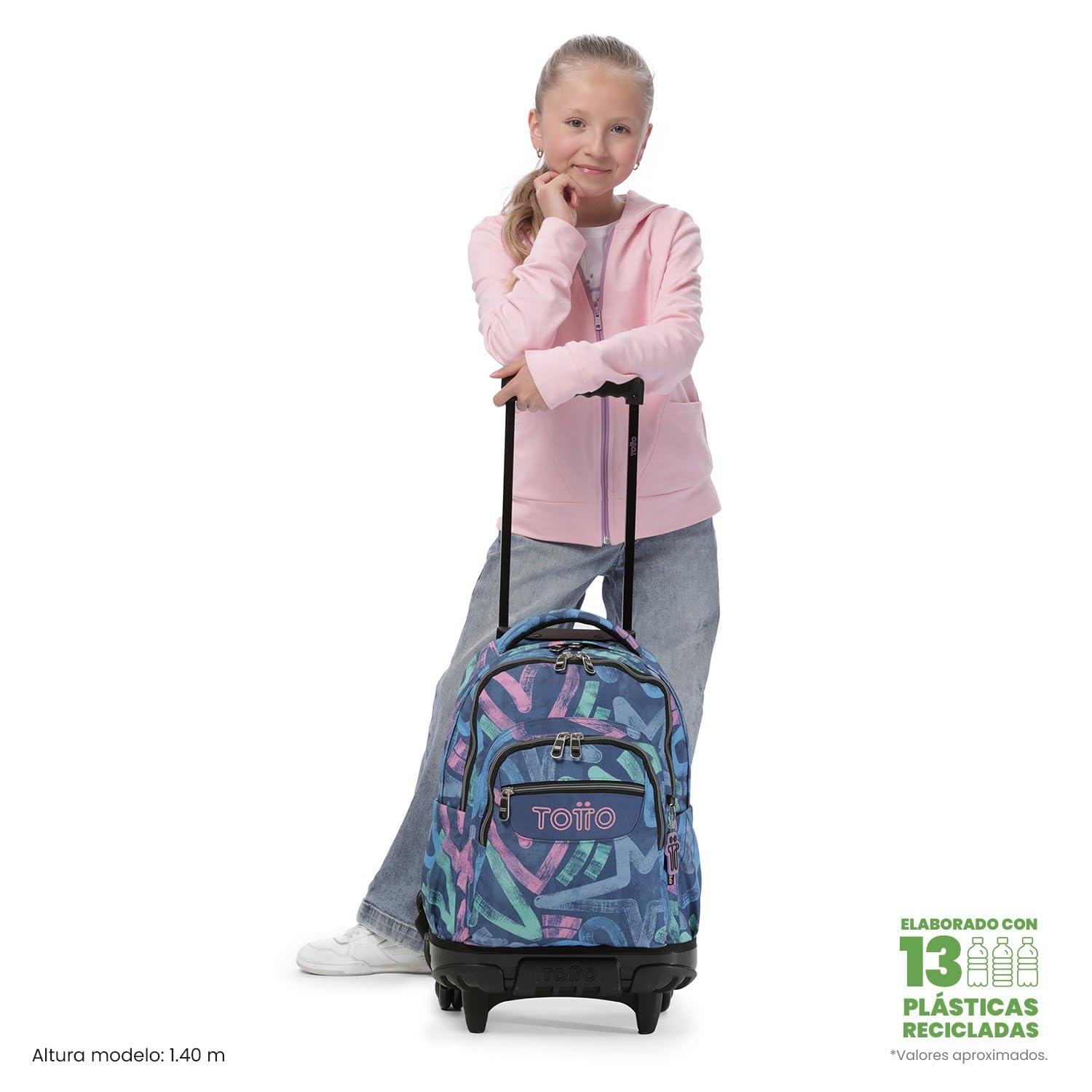 TOTTO - Mochila Escolar con Ruedas, Modelo Renglones, Capacidad 26,21 Litros, Bolsillo para PC 14", Bolsillo Botella, Correas en S para Mayor Comodidad, Resistente, Estampado Roomin Azul