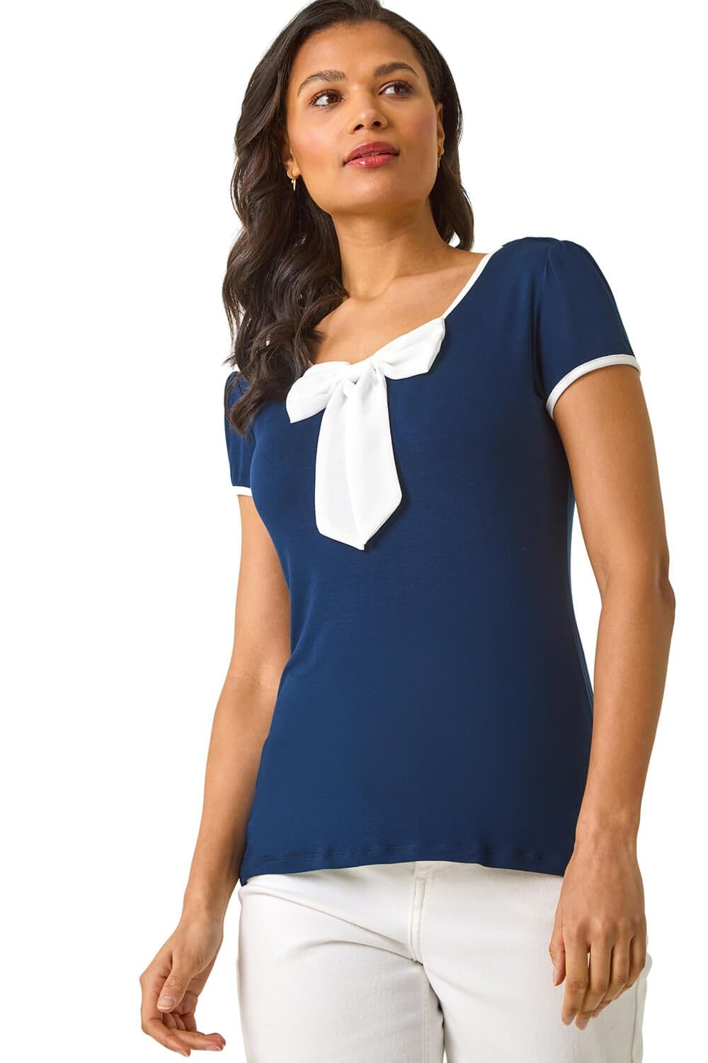 Roman Originals Women's Navy Bow Front Stretch Top For Uk - Everyday Holiday Spring Summer Bound Neckline Comfy Soft Evening Vacation Work Party - Size 14