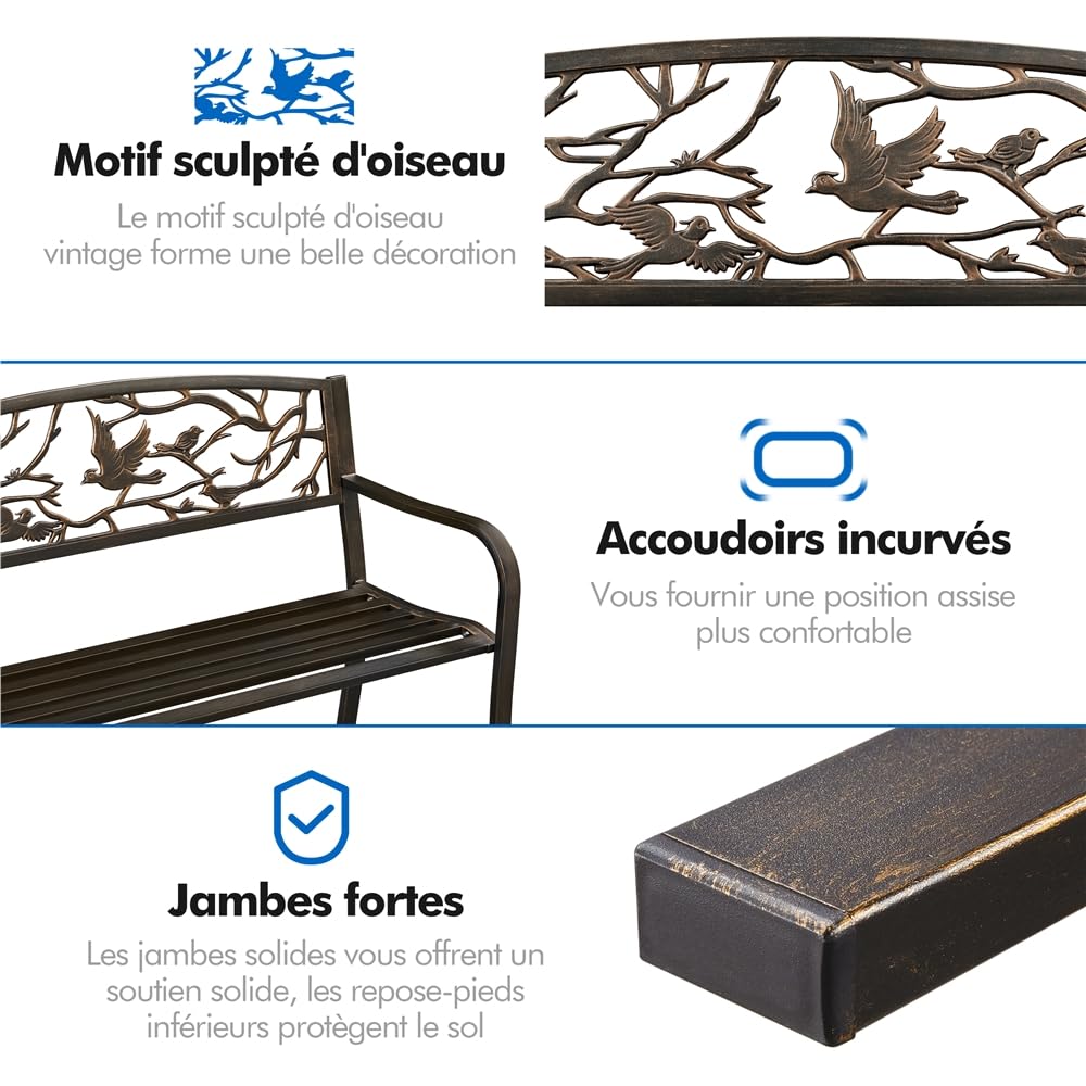 Yaheetech Banc de Jardin en métal pour 3 Personnes Style rétro, Banc de Repos en Fer avec Dossier et accoudoir pour Cour Jardin terrasse Balcon café