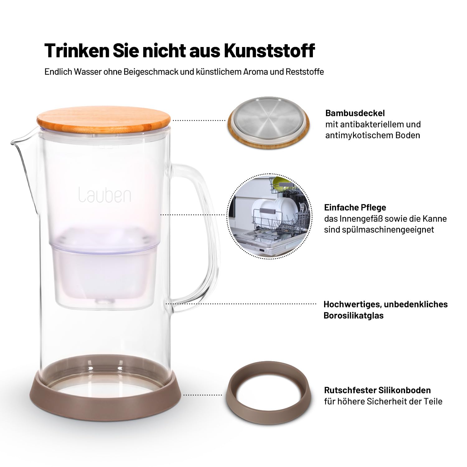 Lauben Carafe filtrante en verre 32 GW - Volume total : 3,2 l - Verre borosilicate - Cartouche de filtre à eau incluse - Couvercle antibactérien en bambou - Pas d'arrière-goût de plastique