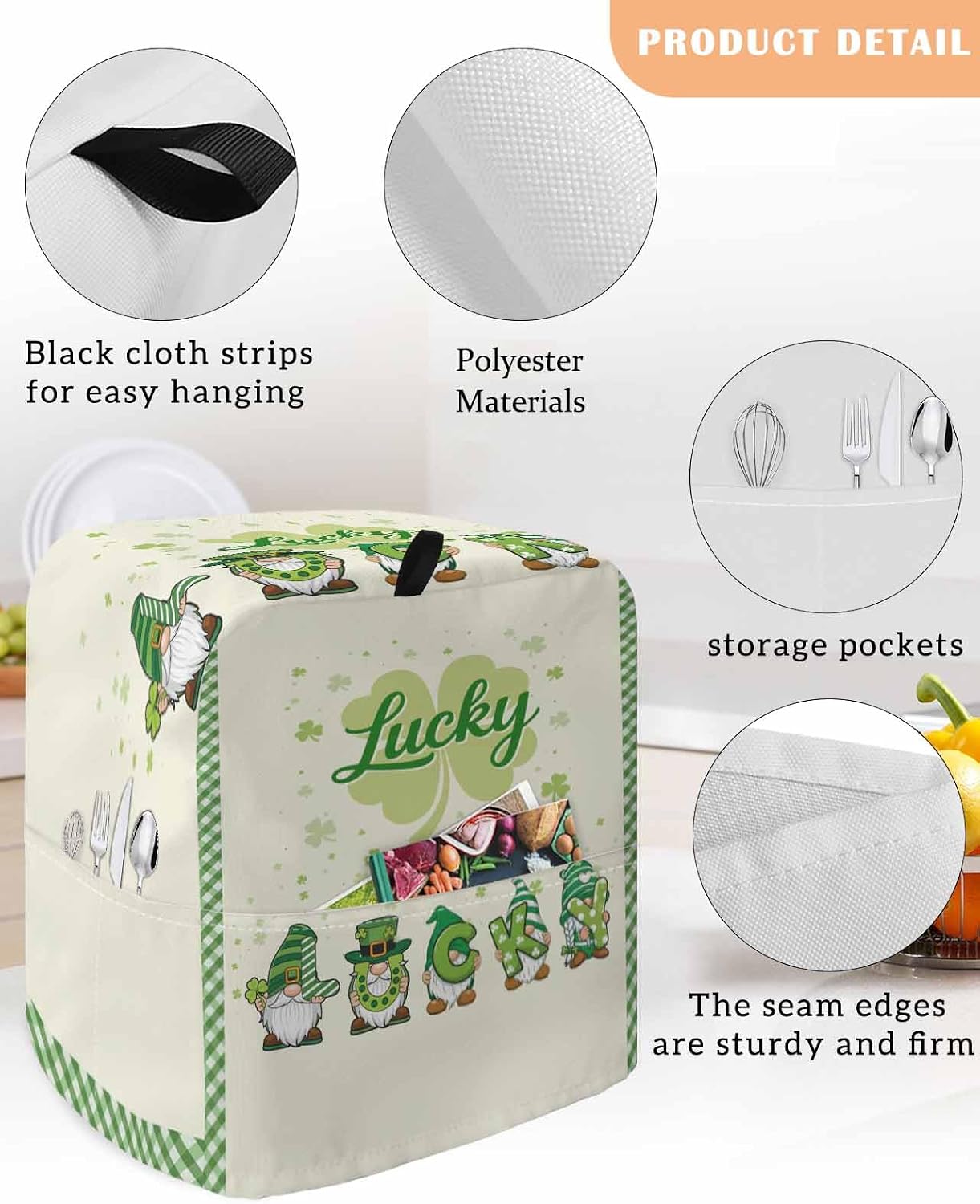 St. Patrick's Day Stand Mixer Cover with Storage Pocket, Waterproof Kitchen Mixer Covers, Green Lucky Gnomes Shamrock Plaid Beige Kitchen Appliance Dust Cover Compatible with 5-8 Quart Mixers