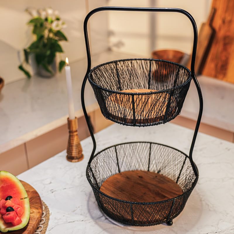 Image of Nest Multipurpose 2-Tier Storage Basket | Acacia Wood & Iron Handles | Wooden Storage Organizer | Kitchen, Living Room, Bathroom & Home Decor | Natural Finish