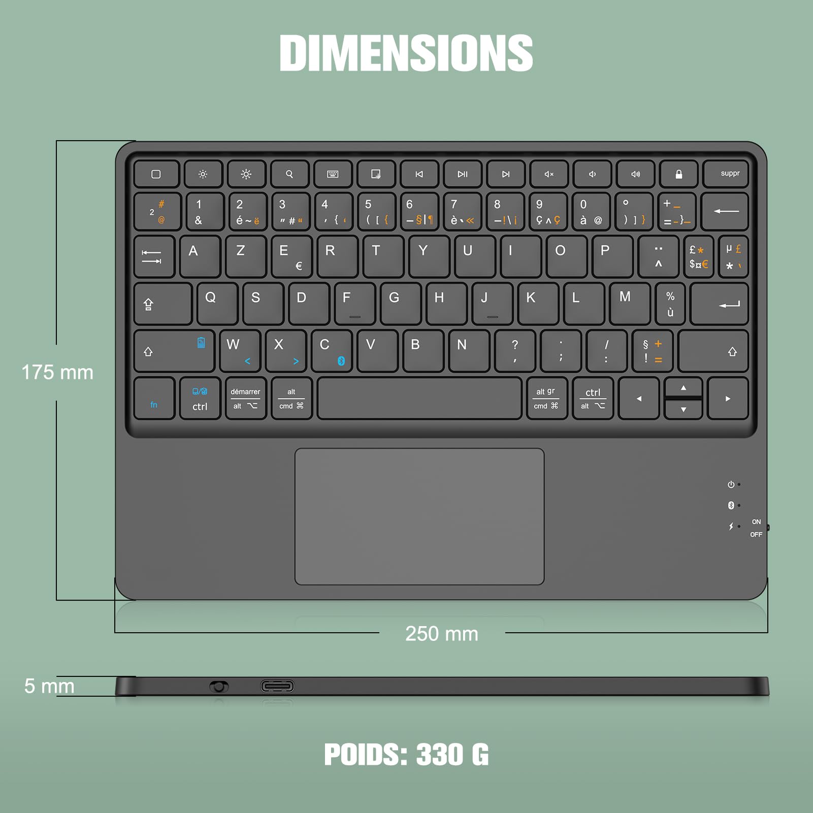 FINTIE Clavier sans Fil 10 Pouces - [Pavé Tactile] Léger Ultra-Fin, Clavier Bluetooth AZERTY Français pour iPad, Android Tablette Samsung, Xiaomi/Redmi Pad, Huawei etc, Noir